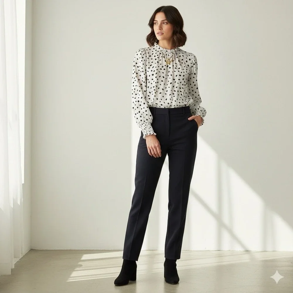 Maison d'Amélie Paris Dalmatian Dot Blouse Large Ruffle Mock Neck Smocked Cuff L - Picture 4 of 16
